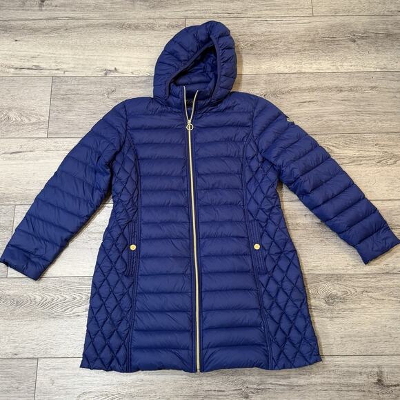Michael Kors Woman Packable Down Over Coat XL Blue Quilted Puffy Hooded Light - Picture 1 of 9